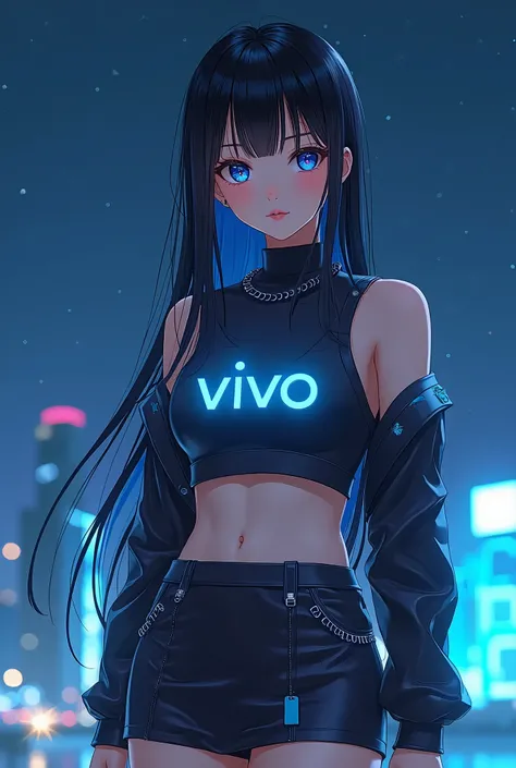 An anime-style girl inspired by futuristic fashion, featuring a beautiful human appearance. She is wearing a high-tech, sexy mini skirt and futuristic clothing with the Vivo logo clearly visible on her outfit. The setting is under a beautiful night sky, wi...