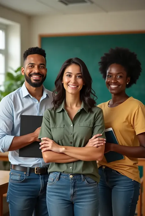 Create a heartwarming image of three diverse teachers standing in the foreground, smiling confidently. Represent different genders and ethnic backgrounds—one male, one female, and one non-binary or gender-neutral individual. Each teacher is holding somethi...