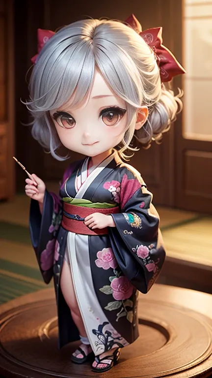 masterpiece、highest quality、super detailed、(Chibi character girl:1.2)、chibi living、luxurious embroidered kimono、gray hair、smile、cleavage