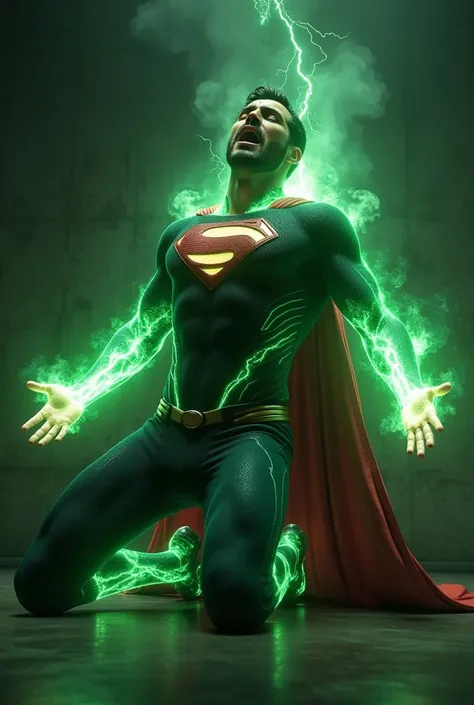 a stressed and desperate Joe Manganiello dressed as Superman, small beard, Closed Eyes, kneeling on the floor, against a wall, radiating green fire, arms outstretched, screaming in pain, green lightning bolts radiating from the character, highly detailed, ...