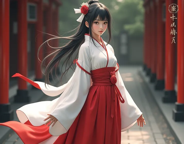  ((ultra realistic)), ((perfect image)), ((perfect face)), ((ultra detailed)), ((full body)), ((perfect body)), a beautiful fair-skinned woman with long black hair that was usually tied in a low, loose ponytail by a white ribbon with bangs hanging above he...