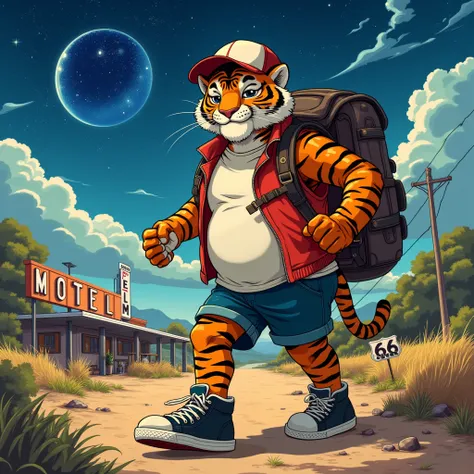 american country, backpacker, plump middle-aged tiger man, happy, little smile, backpack, baseball cap, costume, half pants, det...