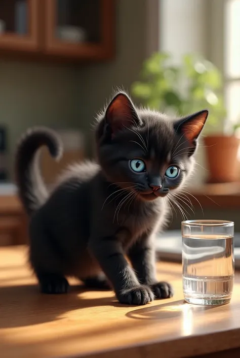 a black kitten with vivid blue eyes, glass cup, table, kitchen background, cat looking around, (best quality,4k,8k,highres,masterpiece:1.2),ultra-detailed,(realistic,photorealistic,photo-realistic:1.37), incredibly detailed kitten, glass cup with water, wo...