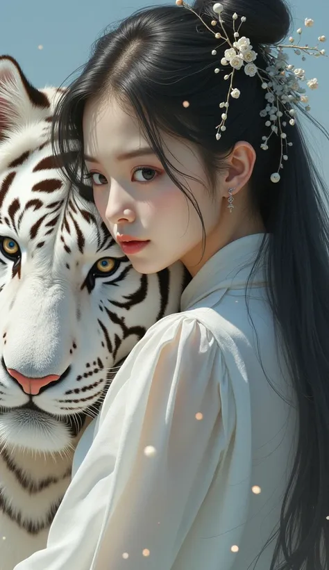 a young woman and a huge white tiger, black hair, hair ornament, chinese clothes, dynamic angle, dynamic posture, perspective, m...