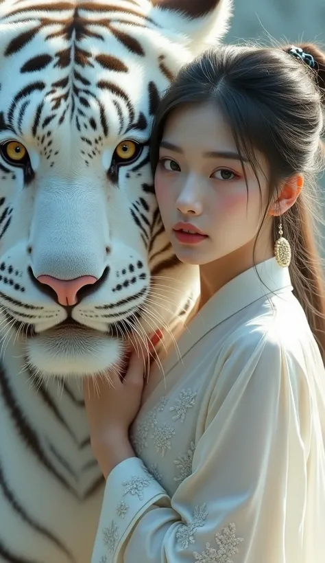 a young woman and a huge white tiger, black hair, hair ornament, chinese clothes, dynamic angle, dynamic posture, perspective, m...