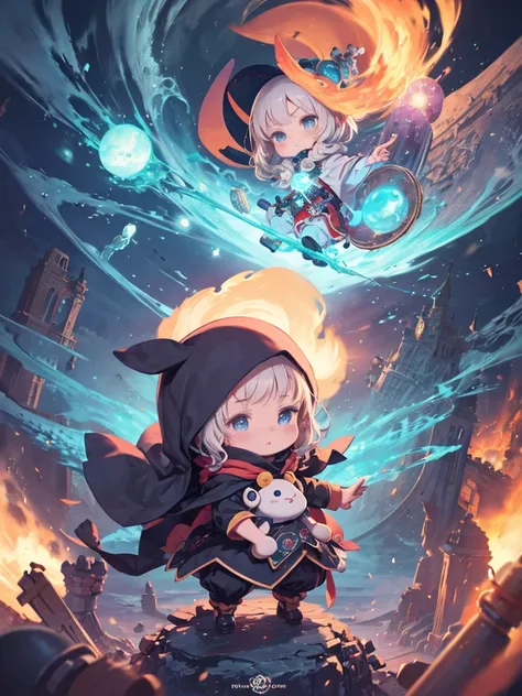 Cute art depicting cute Dikki as a little baby wizard, Surrounded by bubbles of fire , Digital Art, Intricate details, Trending artstation, Cinematic