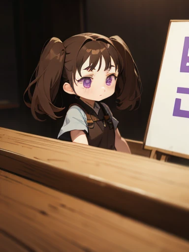 a chibi girl, brown hair with twintails, purple eyes, beautiful, foreground,  fringe, with a blank sign