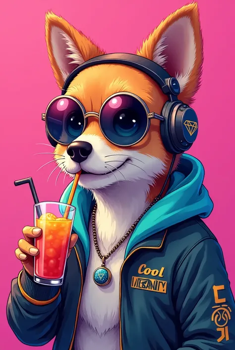 anime style, colorful illustration of a caramel white cyberpunk dog, round glasses in reflection, futuristic jacket, fury belly, neon, 3 colors, solid pink background, headphones, cartoon character hoodie over his head with some cool dark shades, VVS diamo...