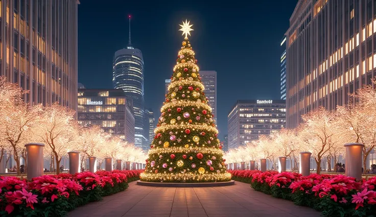 Christmas、Roppongi Hills Illuminations、大きなChristmasツリー、Poinsettia、Lots of flowers、The square in front of a sparkling building