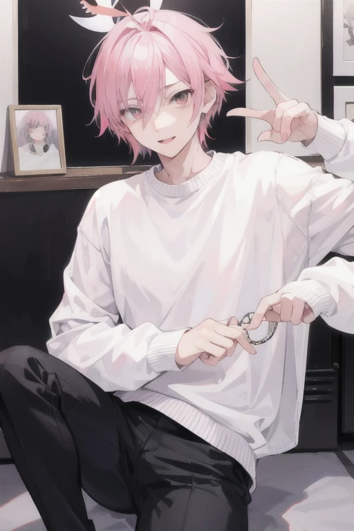 20 year old man with pink hair and white eyes, he is very cute and attractive, has an outgoing and fun personality and is very innocent, does not understand malice and likes to wear a white sweater with black pants.