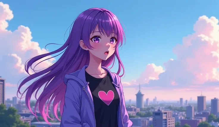 A trans girl, with long purple hair and purple eyes, wearing a purple tracksuit underneath a black heart-print t-shirt, looking at the landscape from atop a building. art style: anime.