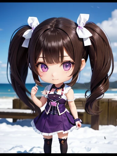 A chibi girl, brown hair with twintails, purple eyes, beautiful, foreground,  fringe, with a sign  