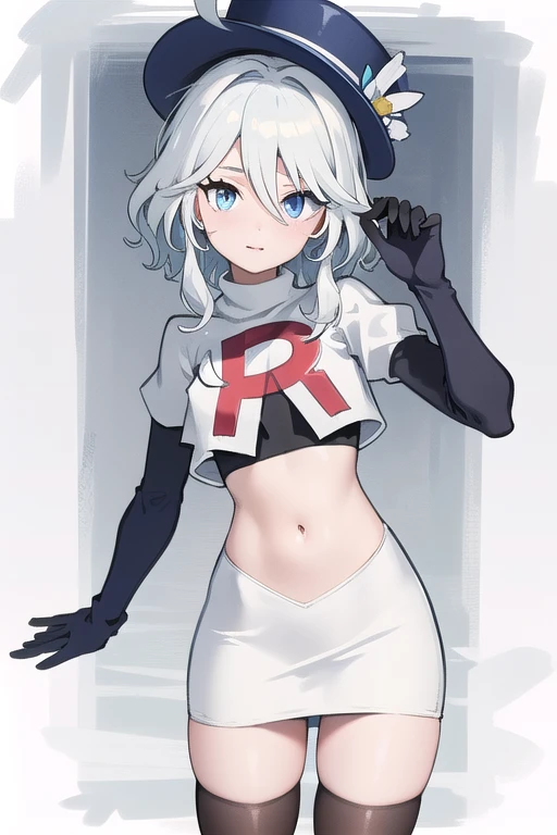 ((masterpiece,best quality)), 1girl, furina, heterochromia, blue hat, ahoge, team rocket,team rocket uniform,white skirt,red letter R,crop top,black thigh-highs,black elbow gloves, cowboy shot,