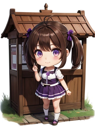 A chibi girl, brown hair with twintails, purple eyes, beautiful, foreground,  fringe, with a kiosk sign 