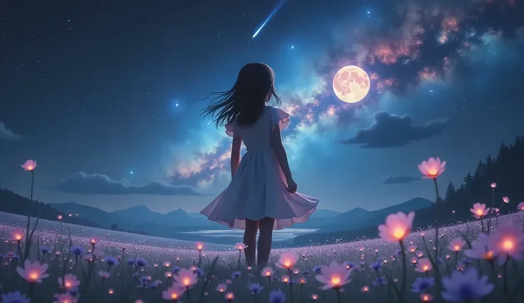 Vast landscape photography , (A view from below showing the sky and open fields below), A girl standing in a flower field looking up, (full moon:1.2), ( meteor:0.9), (nebula:1.3), Distant Mountain, Treebreak Production Art, (Warm light source:1.2), (Firefl...