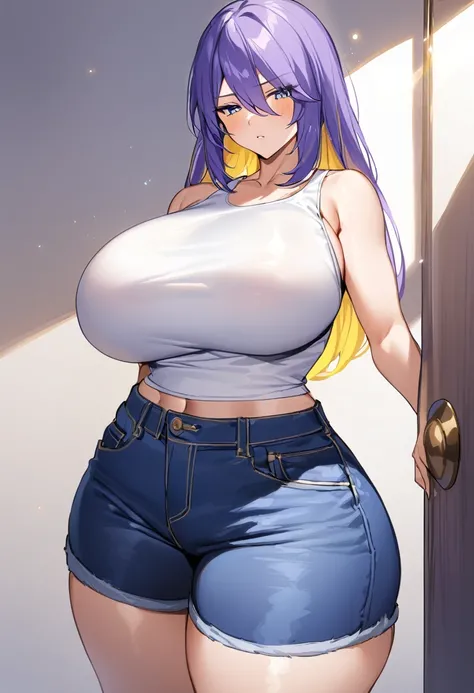 Huge breast,long purple hair,wide hips,white tanktop,short jeans,concern,Moona hoshinova,look at viewer,yellow inner hair