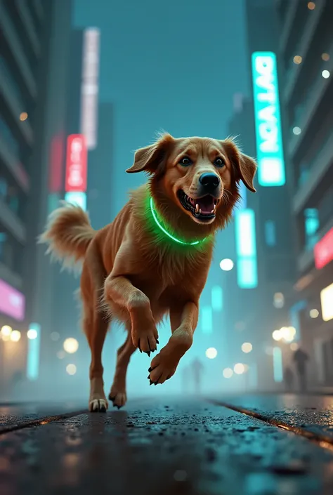 Well-groomed adult golden retriever　Wearing a green luminous collar　Chasing something　The background is a cyberpunk cityscape at night