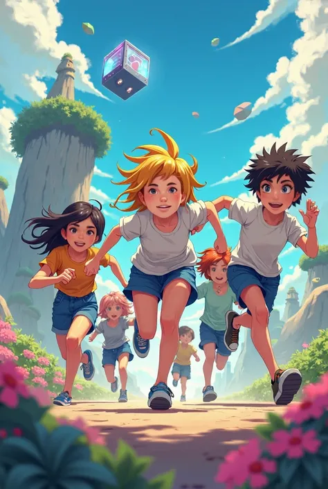 Create an image where there are several young people running trying to reach a mysterious box, in anime style