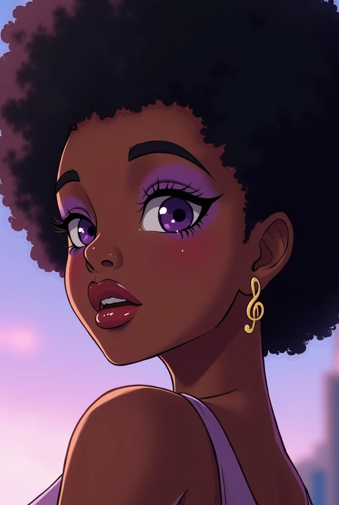 black woman with afro in a half-side pose in anime format, The eyelids are made up with a lilac-colored smudge and black eyeliner., She has a gold-colored earring in the shape of a treble clef.