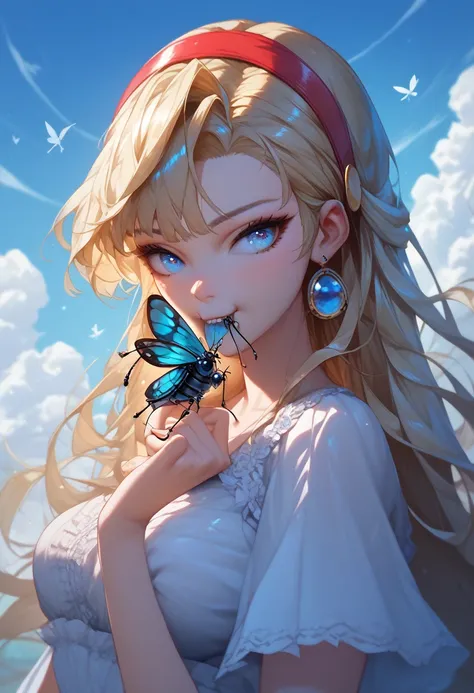 (Ultra HD:1.3), 1girl,looking at viewer,(beautiful detailed blue eyes), (amagi_Yukiko), (anime eyes), Blonde, Blue Eyes, (Eating insects:1.4), (Biting insects:1.2), (tasty), breast_Schott