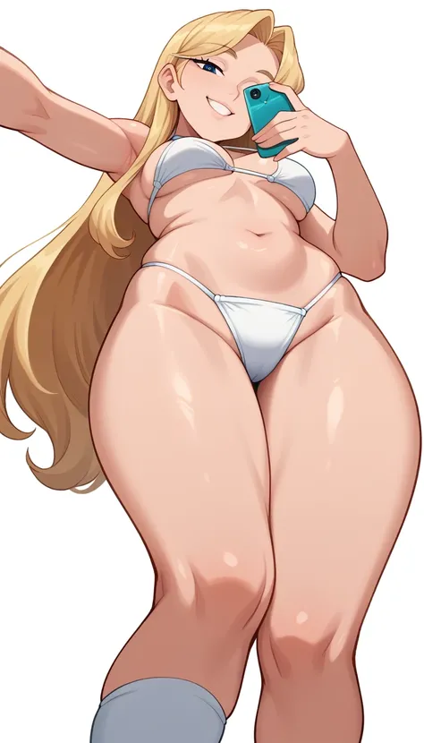 score_9, score_8_below,
aurora (Sleeping Beauty), Blonde hair,long hair, blue eyes, (:1.1), bikini green,exposed legs,White socks,thick thighs,Knee high,shiny oily skin,
Selfie,focus only, half-closed eyes, smiling, low angle portrait, 
white background