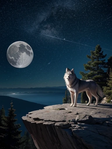 Image of a clear night the moon and the stars shine, and a wolf standing on a rock outcropping on a cliff, trees, HD panoramic view 