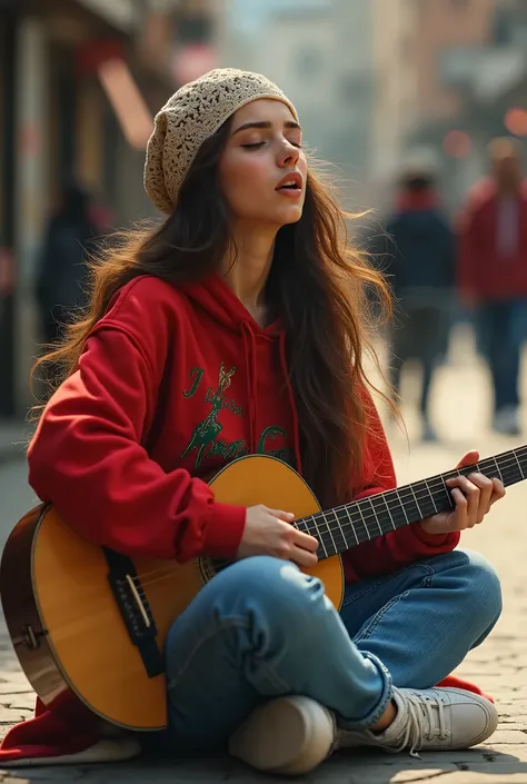 Fantasy image, high resolution 8k details , A 20 year old girl, wearing jeans and a red hoodie that says I love Morocco and her hair is clearly visible to the viewer, she is also wearing sneakers and holding a wonderful guitar and a lace cap on her head, s...