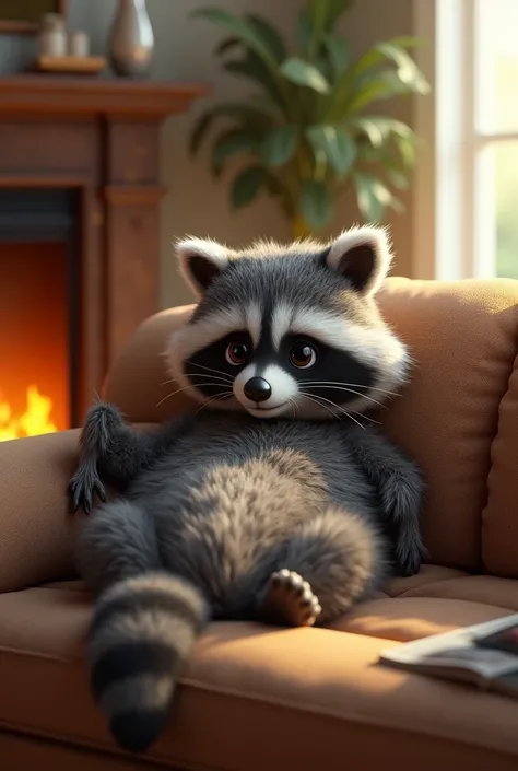 A Raccoon laying on couch