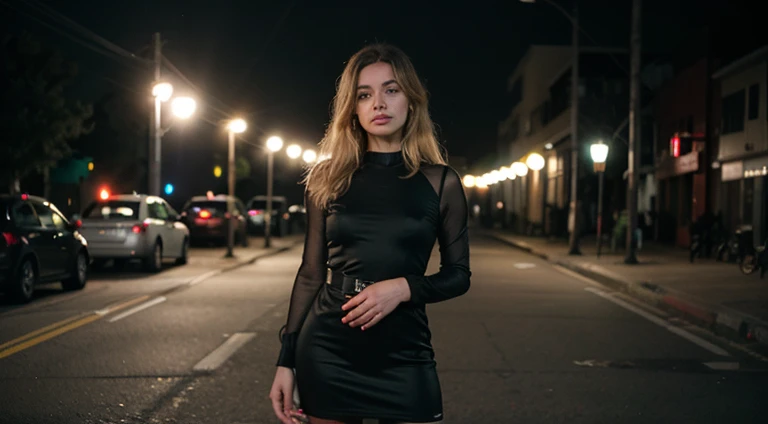 cinematic photography professional photography, create an image of a beautiful 26 year old young woman, Dark green eyes, Blonde hair, standing, pose frontal, dressed in a black dress, N-4 F1 head photo.8 fotografia de papel de parede hd tendência no instag...