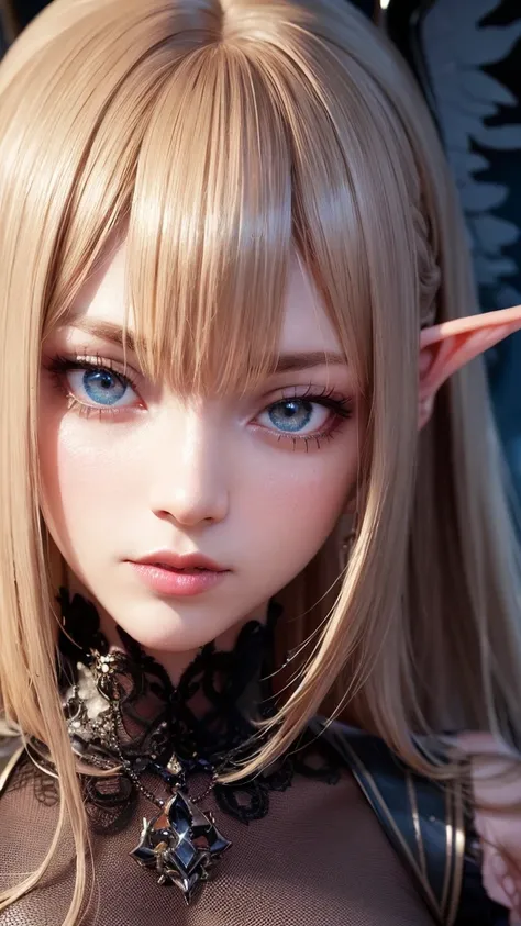 RAW, professional photograph, medium shot, photorealistic, hyper-realistic, ray tracing, super detail, UHD, 8k, female elf, twenty years old, angel, black wings, athletic body, soft facial features, blonde hair, long hair, straight hair, neon blue eyes, bl...