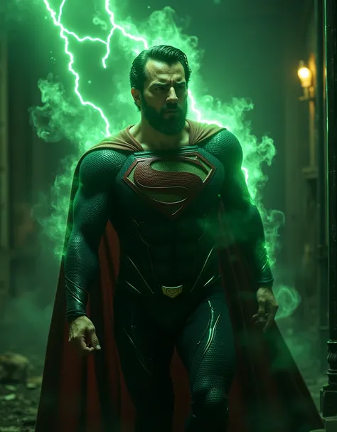 Joe Manganiello dressed as Superman, small beard, Closed Eyes, walking with his arm, leaning on a wall, radiating green fire, screaming in pain, green lightning bolts radiating from the character, highly detailed, cinematic lighting, dark moody colors, dra...