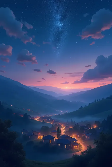 a starry night sky over a peaceful village nestled among rolling hills, highly detailed, cinematic lighting, vibrant colors, dramatic clouds, glowing stars, moody atmosphere, serene landscape, photorealistic, 8k, best quality, highly detailed