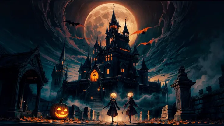 A grand, enchanted European castle at night, surrounded by a spooky graveyard with old tombstones and eerie fog. Carved jack-o-lanterns with flickering candles inside line the path to the castle. A large pumpkin-headed figure stands in the center, towering...