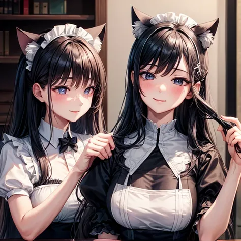 Two maids are helping a woman comb her hair。The noble lady is smiling happily。, The maid takes great pleasure in taking care of her female master.,Cat ears　Red Eye