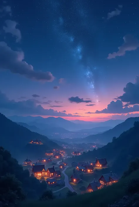 a starry night sky over a peaceful village nestled among rolling hills, highly detailed, cinematic lighting, vibrant colors, dramatic clouds, glowing stars, moody atmosphere, serene landscape, photorealistic, 8k, best quality, highly detailed