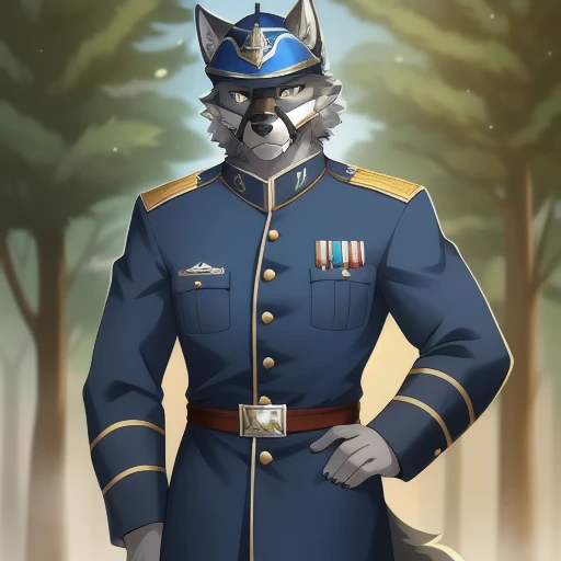 solo, male, wolf, gray colored fur, lean body, anthropomorphic wolf, dark faint blue  uniform, military helmet, Black Muzzle, generals uniform, military strategist, standing tall with pride, honourable, 