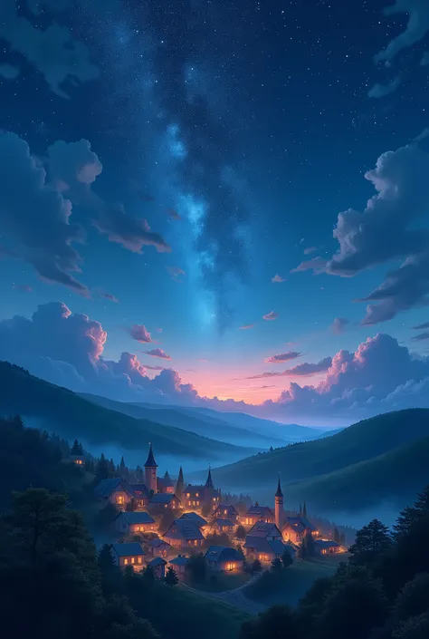 a starry night sky over a peaceful village nestled among rolling hills, highly detailed, cinematic lighting, vibrant colors, dramatic clouds, glowing stars, moody atmosphere, serene landscape, photorealistic, 8k, best quality, highly detailed