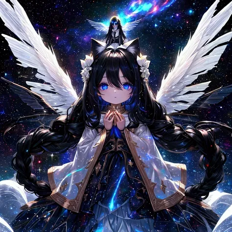 ((A small god)), ((figure of a  boy)), ((galaxy effect eyes)) ((Long hair)) ((black hair)) bright eyes, ((ethereal wings)) (with a very large white cat behind the child))