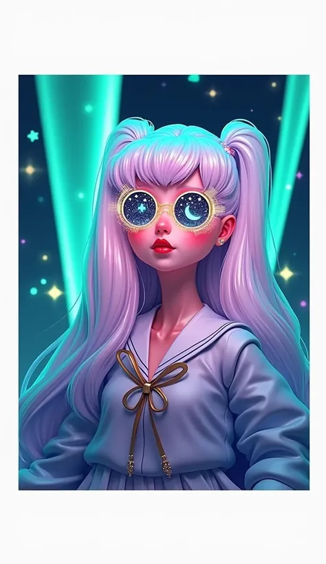 The model is wearing crystal sunglasses with stars and the moon on the glass dressed as sailor moon