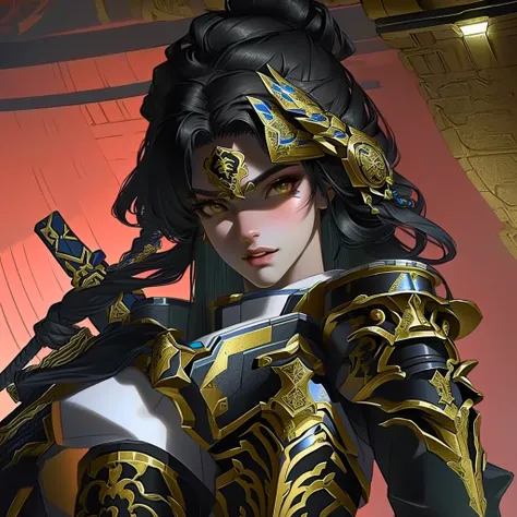 a beautiful and detailed close up portrait of a female warrior in an ornate and intricate cyberpunk samurai costume, wearing an exotic and stunning armor outfit, a gorgeous armored bikini, intricate techwear and armor, holding a sword, loba andrade from ap...