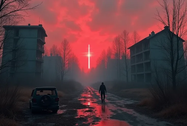 Pripyat houses, Chernobyl, Dark atmosphere, electric rays on earth, gloomy reddish sky, destroyed buildings, destroyed cars. Improve the image. Bright colorful image. Destruction. collapse. Anomalies. fog. Emission. Stalker atmosphere. Pripyat. Fill in the...