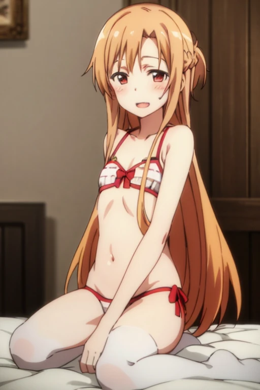 ((Best Quality)), ((masterpiece)), (be familiar with), Perfect Face, indoor, bedroom, Watching the audience,
One woman, Yuuki Asuna,
Open Mouth, Ecstatic expression, blush, smile,
Small breasts, Flat Chest, , , child, Girl,
Long Hair, Long Hair,
Leg spread...