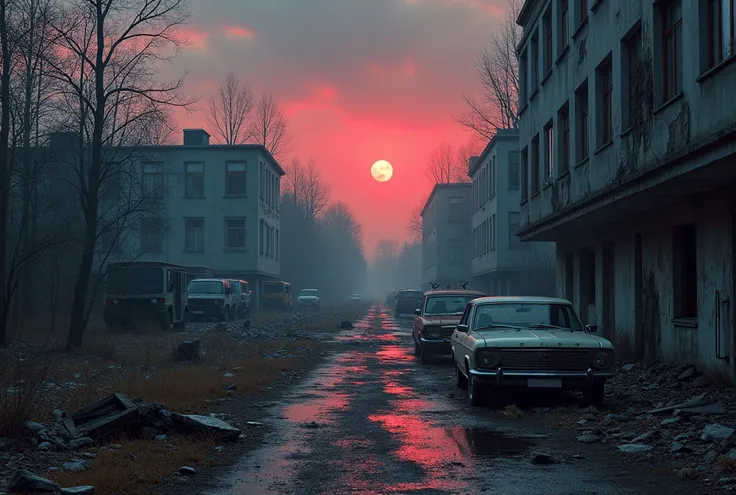 Pripyat houses, Chernobyl, Dark atmosphere, radioactive emission into the sky, electric rays on earth, gloomy reddish sky, destroyed buildings, destroyed cars. Improve the image. Bright colorful image. Destruction. collapse. Anomalies. fog. Emission. Stalk...