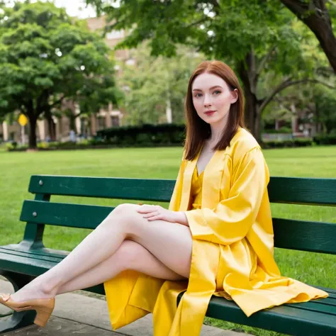 pale skin Woman in long yellow graduation gown, sitting on bench, crossing legs, gown slipped, long legs.