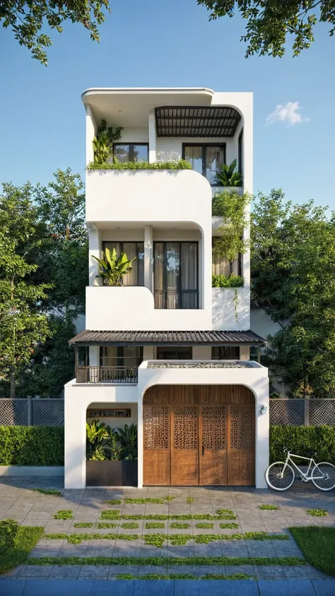 the house has 2 floors and 1 attic with a terrace. tall and narrow, modern design, steel gate and wooden details in harmonious c...