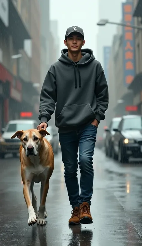 realistic photography A young Korean man has a handsome and smiling 20 years old, tall thin body, wearing a dark gray hoodie covering his head, skinny jeans, baseball cap, brown shoes, walking like a catwalk style, next to a tall, giant-sized Dogo Argentin...