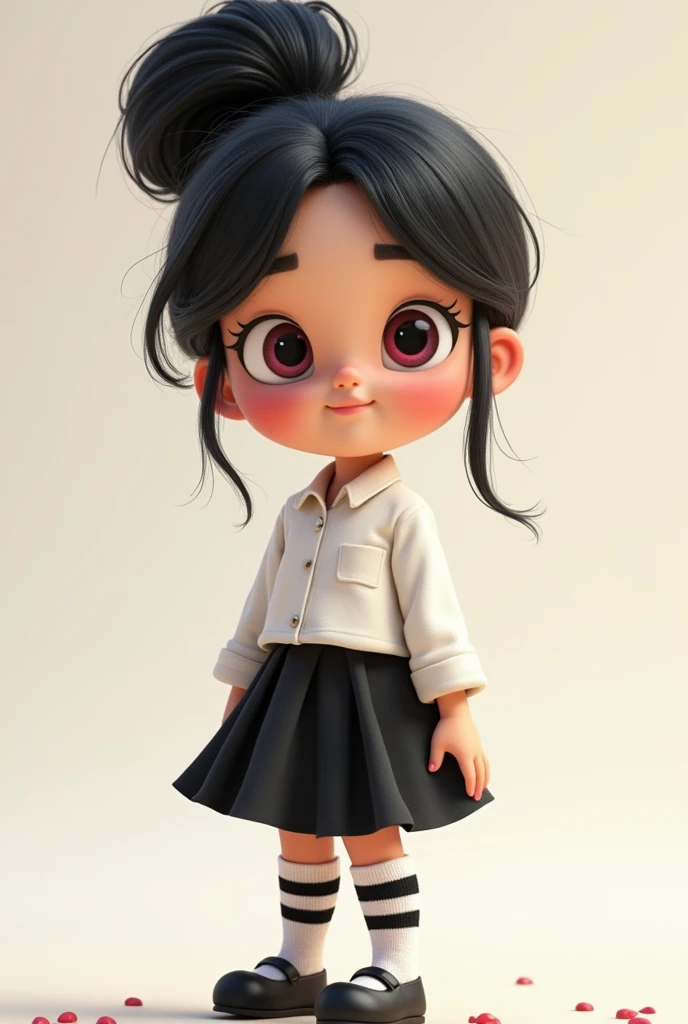 A  girl with black hair, head with bun, socks, fair skin and pink eyes, white shirt, Clothes, black skirt- black and white striped socks. Disney Pixar shoes