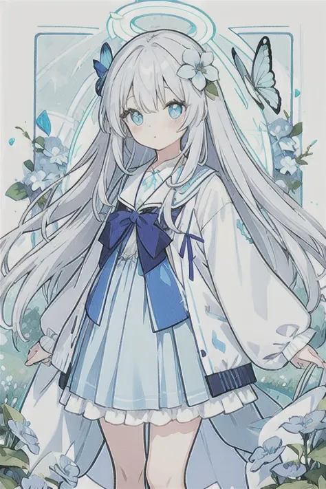 ・watercolor・white hair、very long hair, light blue left eye、grey right eye, flower-shaped pupil, loose fitting blouse, light blue...