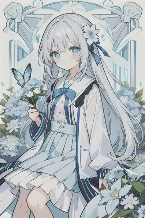 ・watercolor・white hair、very long hair, light blue left eye、grey right eye, flower-shaped pupil, loose fitting blouse, light blue...