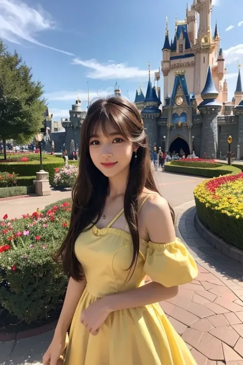 High resolution,bangs、Brown Hair、Long Hair、 Brown eyes、Large Breasts, Model body type、165 cm、24 years old、Beautiful Face、Natural Makeup、smile、Japanese、Disneyland、Disney Princesses、Belle from Beauty and the Beast、Yellow Dress、Cosplay、A fantastical place sur...